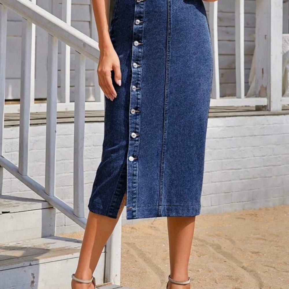 Denim Button-Down Midi Skirt